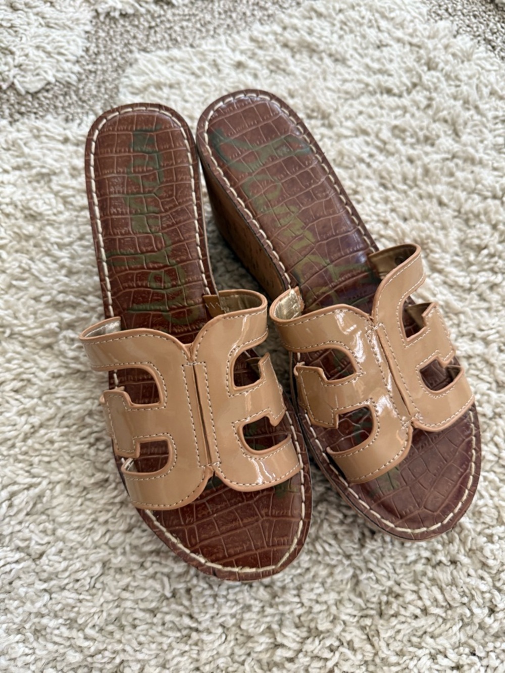 Patent Leather Tan Slide Wedge Sandals - Women